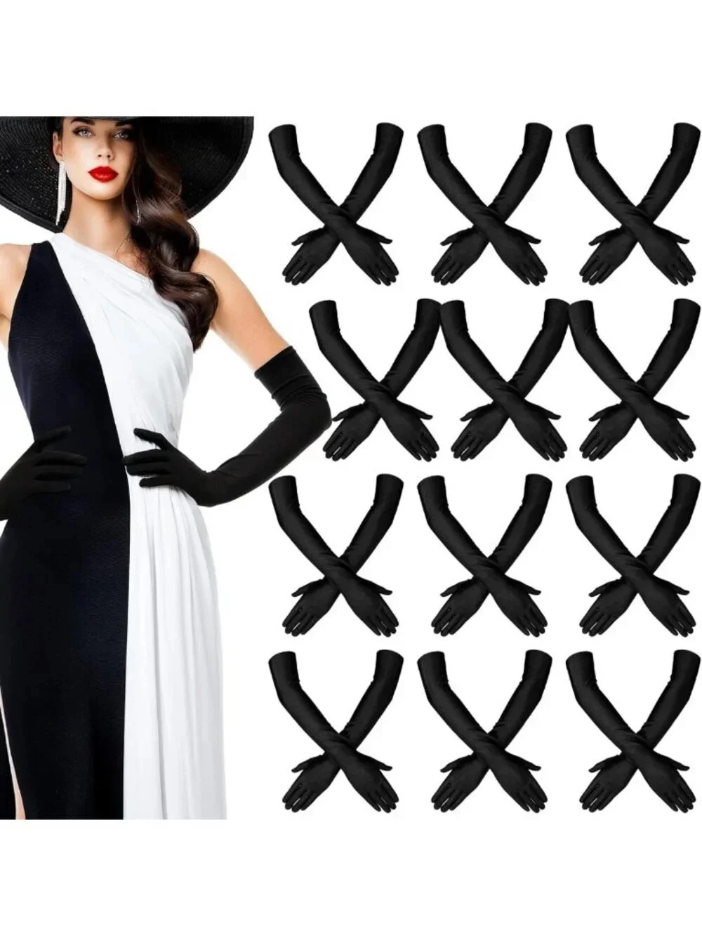 Elegant Long Satin Gloves for Women - 12 Pairs Elbow Opera Costume Formal Wear